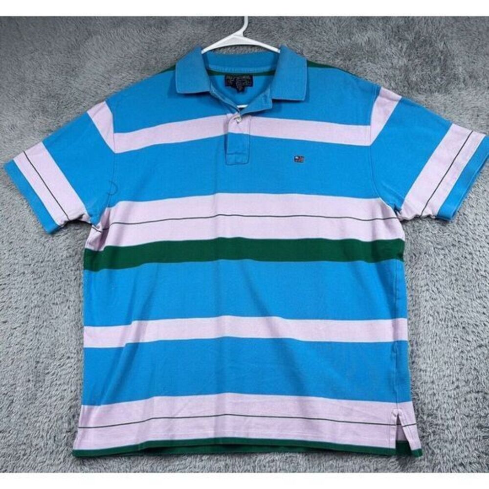 Polo Jeans Co. Polo Shirt Striped Colour Block Cotton Knit vtg Short Sleeve L